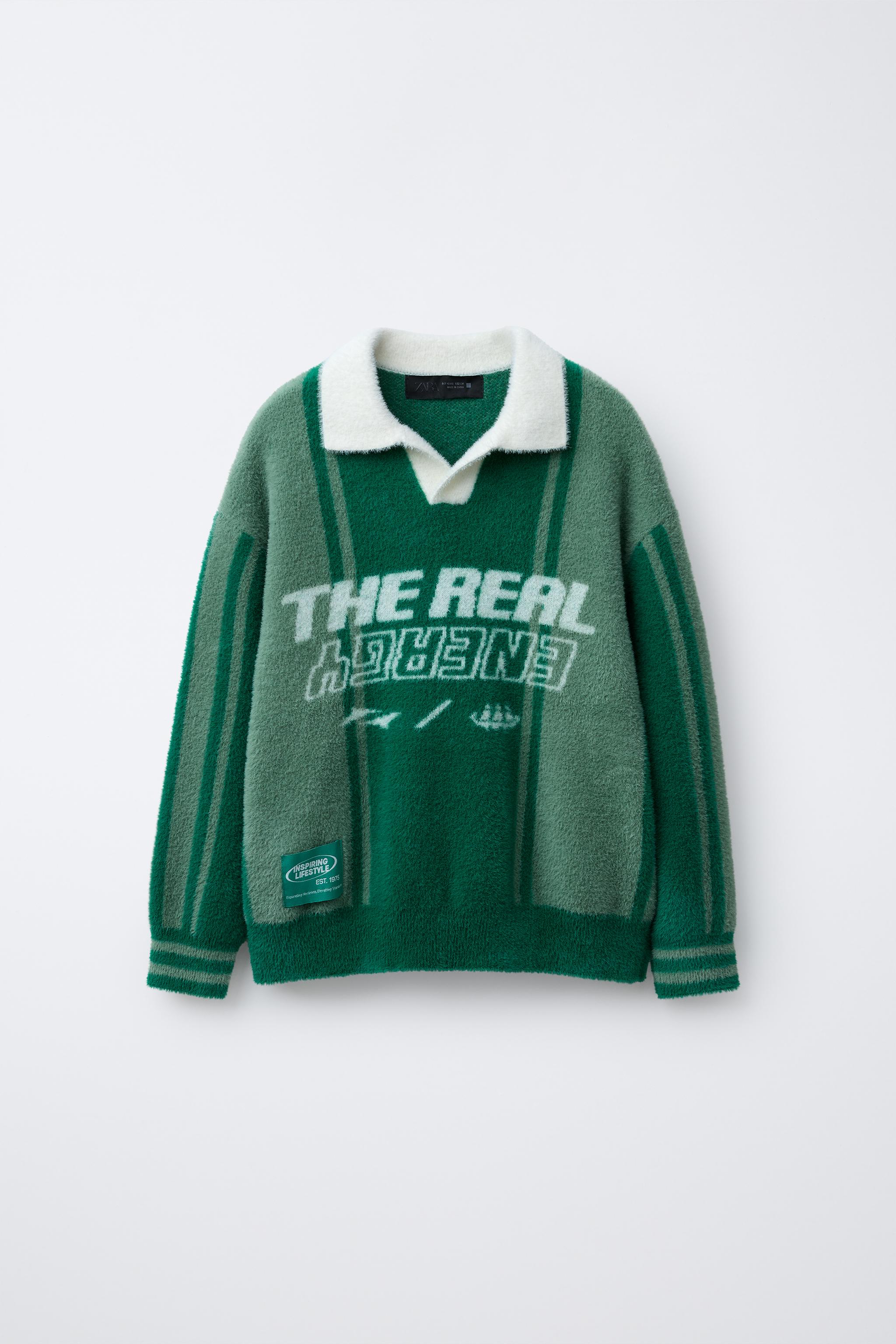 FAUX FUR KNIT POLO SWEATER WITH TEXT